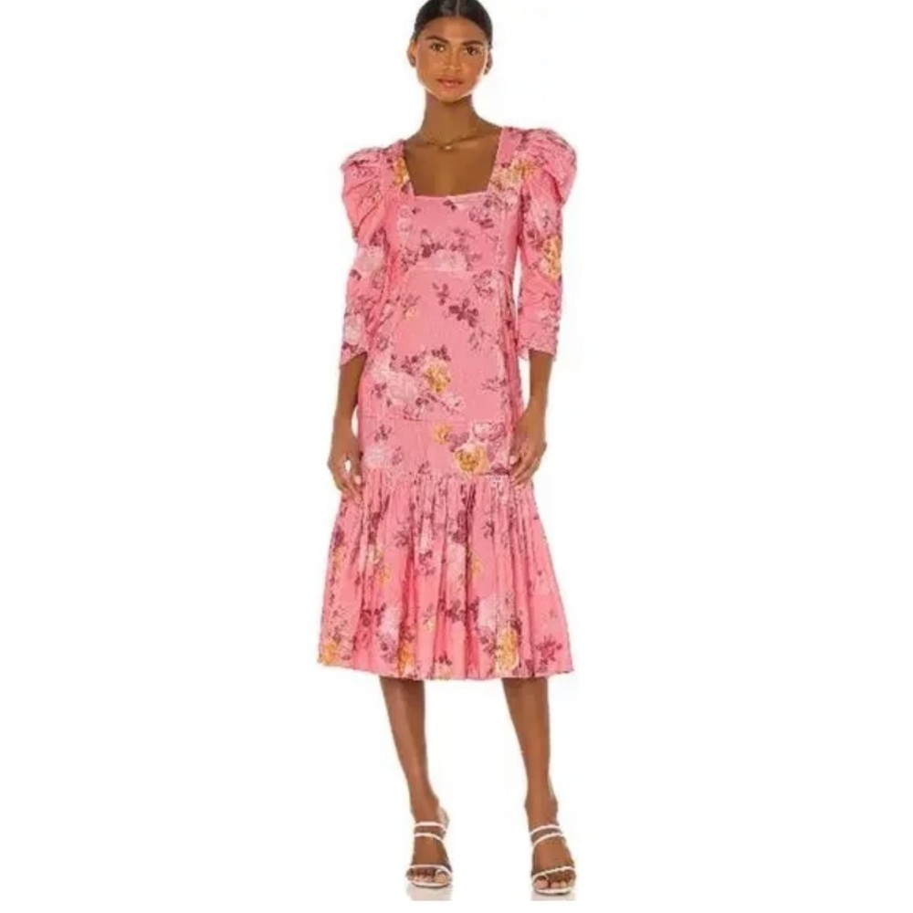 LoveShackFancy Ellington Midi Dress Pink Floral Corduroy Square Neck Puff Sleeve